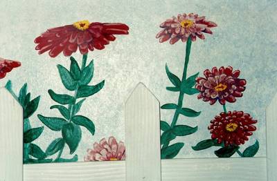 Mural featuring zinnias with a real wood fence