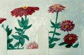 Mural featuring zinnias with a real wood fence